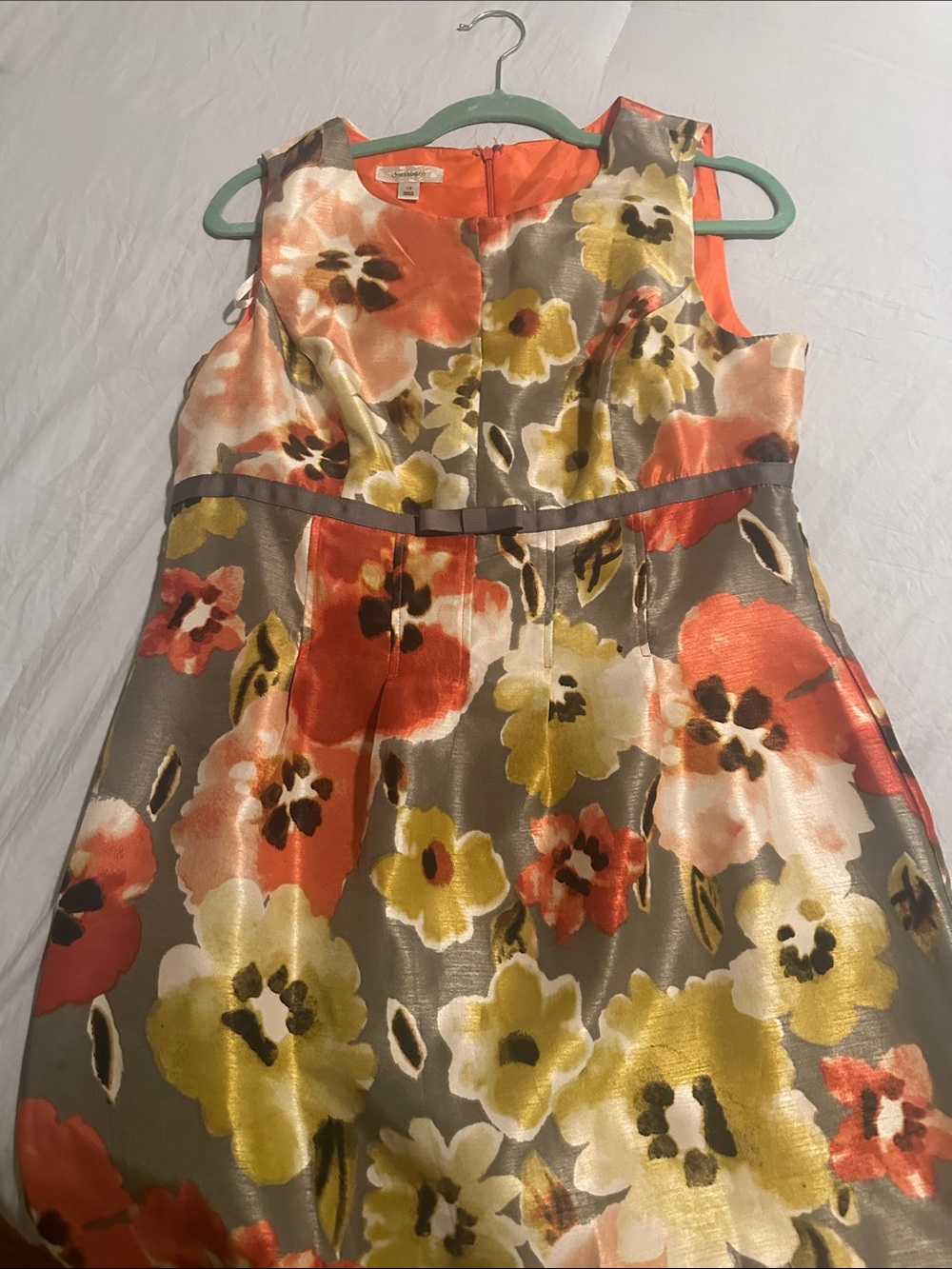 dressbarn Floral Fit-and-Flare Dress in Orange, Yellow, Gray & Cream